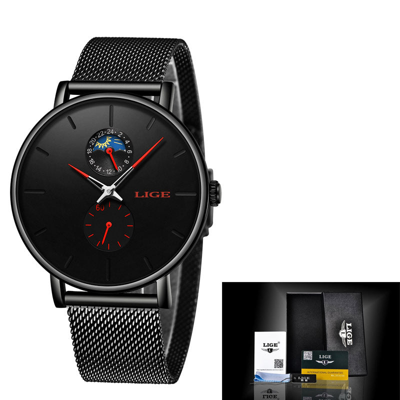 LIGE watch with a black mesh strap, black dial and red accents; packaging pictured separately