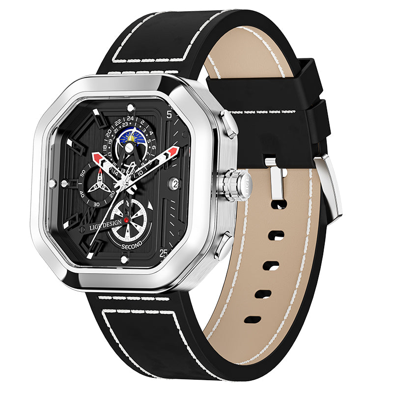 LIGE LG8966 with a silver-tone square case, black dial and black strap with white stitching