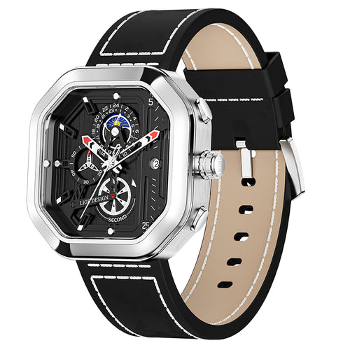 LIGE LG8966 with a silver-tone square case, black dial and black strap with white stitching