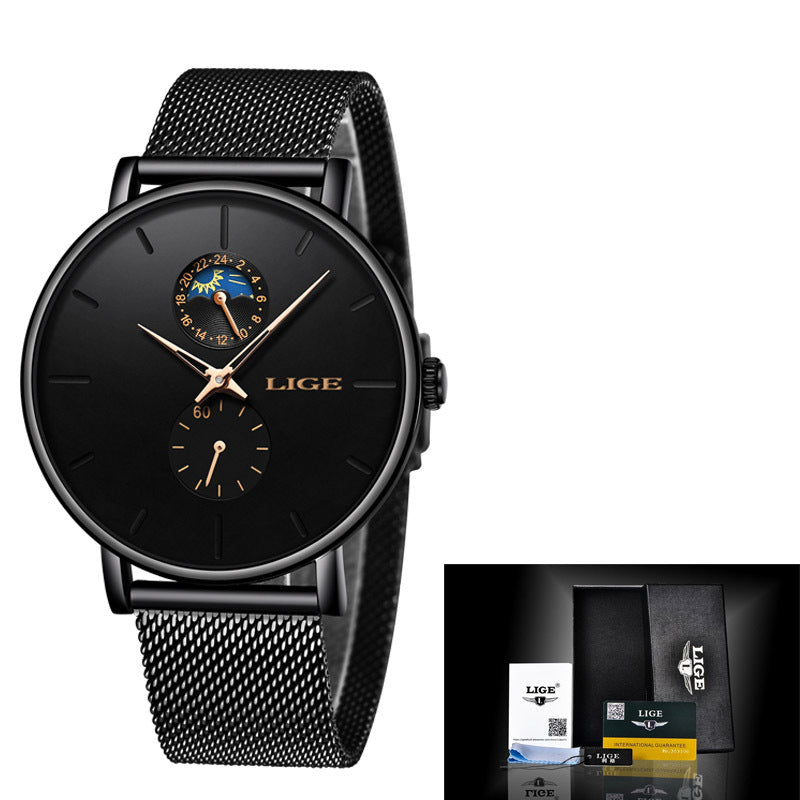 LIGE watch with a black mesh strap, black dial and gold-tone accents; packaging pictured separately