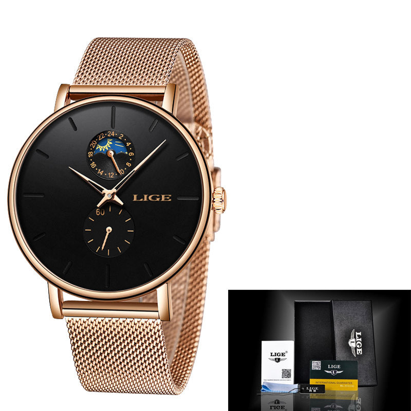 LIGE watch with a rose gold-tone mesh strap and case, black dial and matching accents; packaging pictured separately