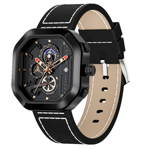 LIGE LG8966 with a black square case, black dial and black strap with white stitching